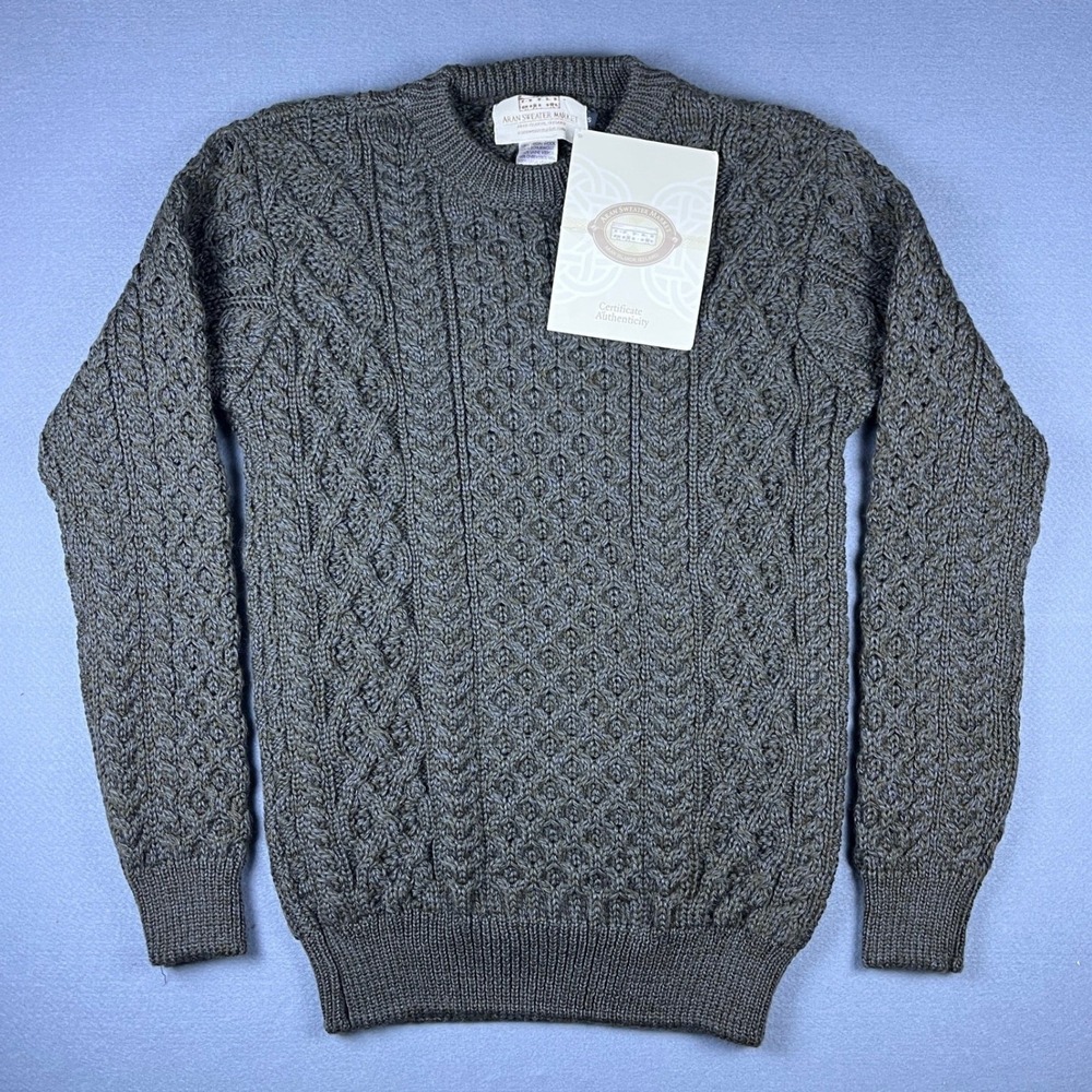 NWT! Aran Sweater Market Mens Gray Brown 100% Virgin Wool Cable Knit Sweater